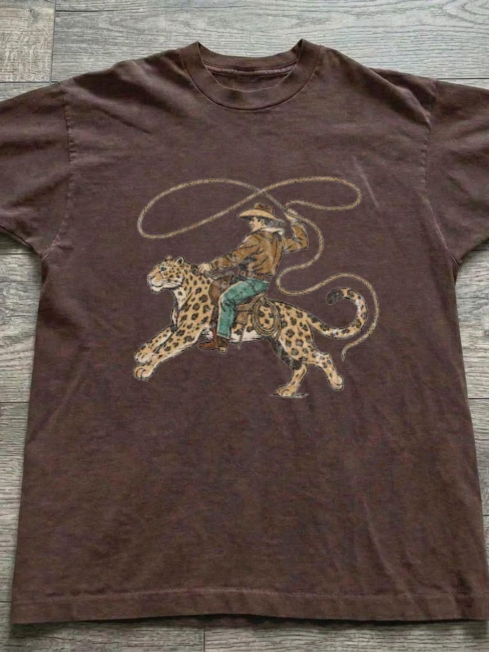 Gildan Brown Short-Sleeve Tee with Cowboy Riding Leopard Graphic